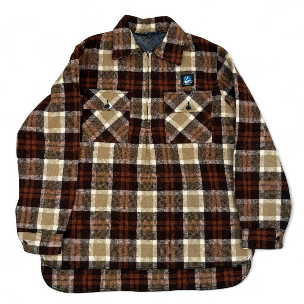 Vintage Swandri 1/4 Zip Wool Brown Plaid Flannel Shirt Adult One Size Pockets
